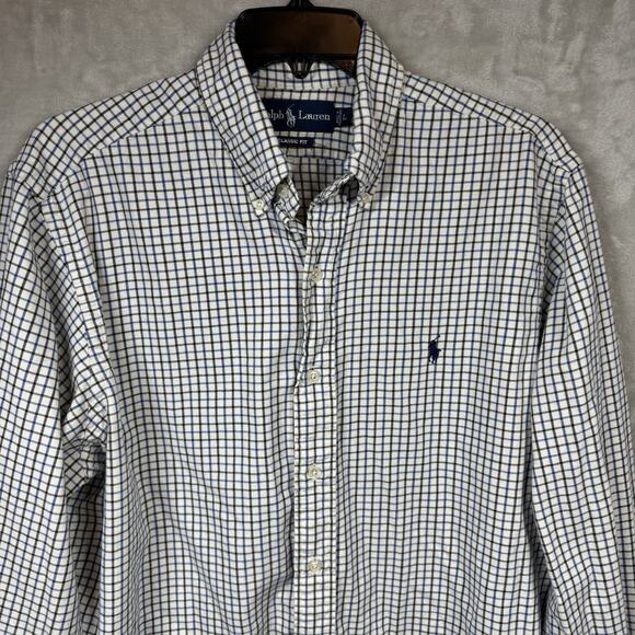 Ralph Lauren Men Shirt Sz L Classic Fit Ivory Plaid Long Sleeve Button Down Pony - Picture 1 of 12